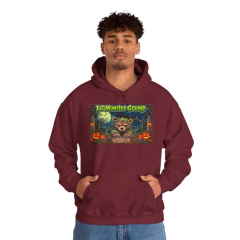 Lil’ Monster Grump Hoodie in Garnet, worn, front view