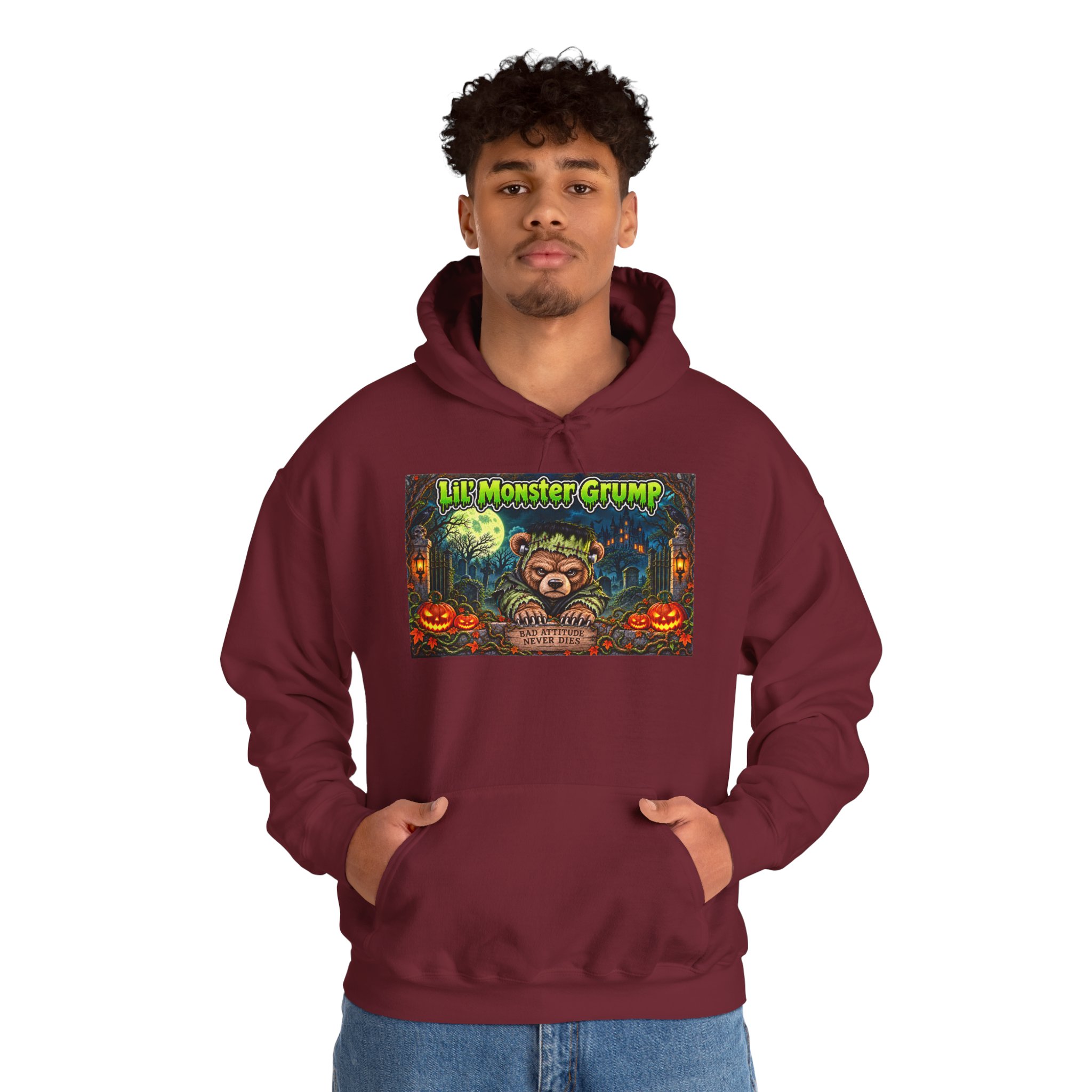 Lil’ Monster Grump Hoodie in Garnet, worn, front view