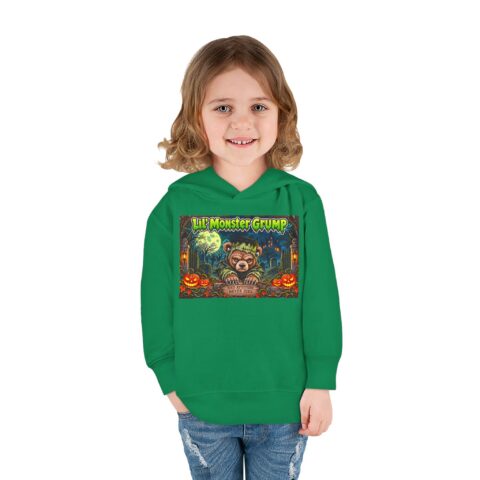 Lil’ Monster Grump Hoodie in Kelly, worn, front view, second model