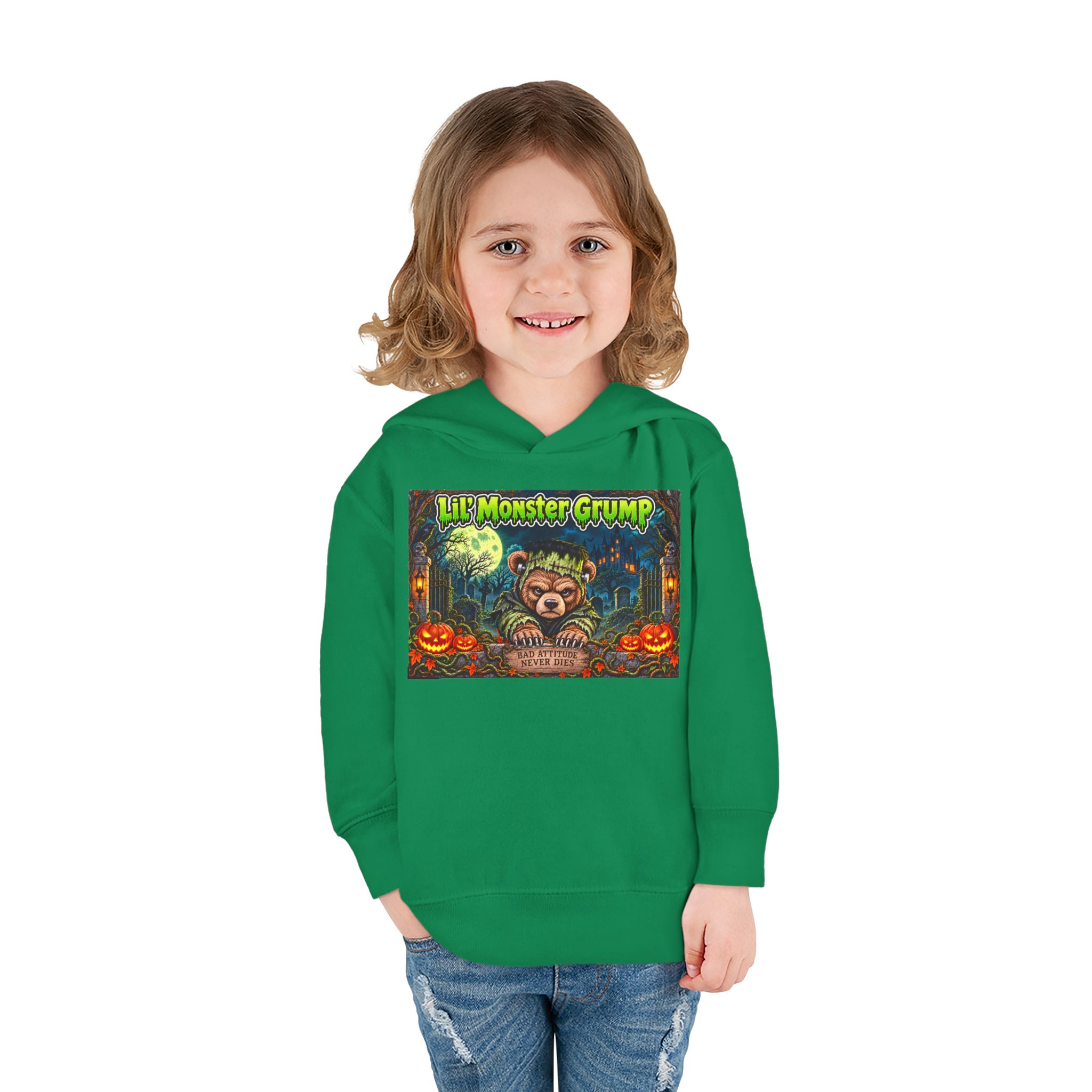 Lil’ Monster Grump Hoodie in Kelly, worn, front view, second model
