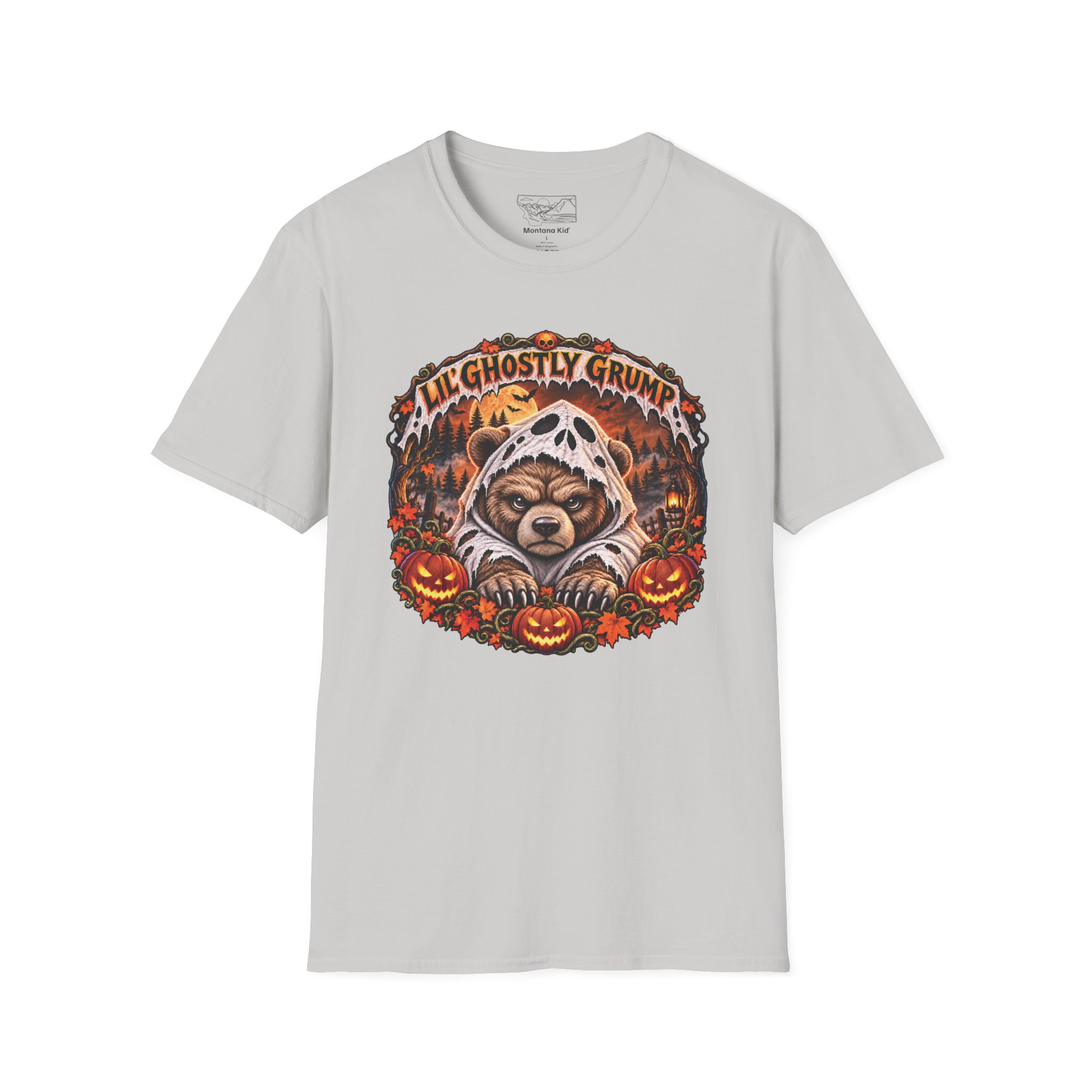Lil’ Ghostly Grump Tee in Ice Grey, laid flat