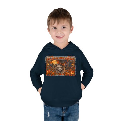 Lil’ Hallows Grump Hoodie in Navy, worn, front view, second model