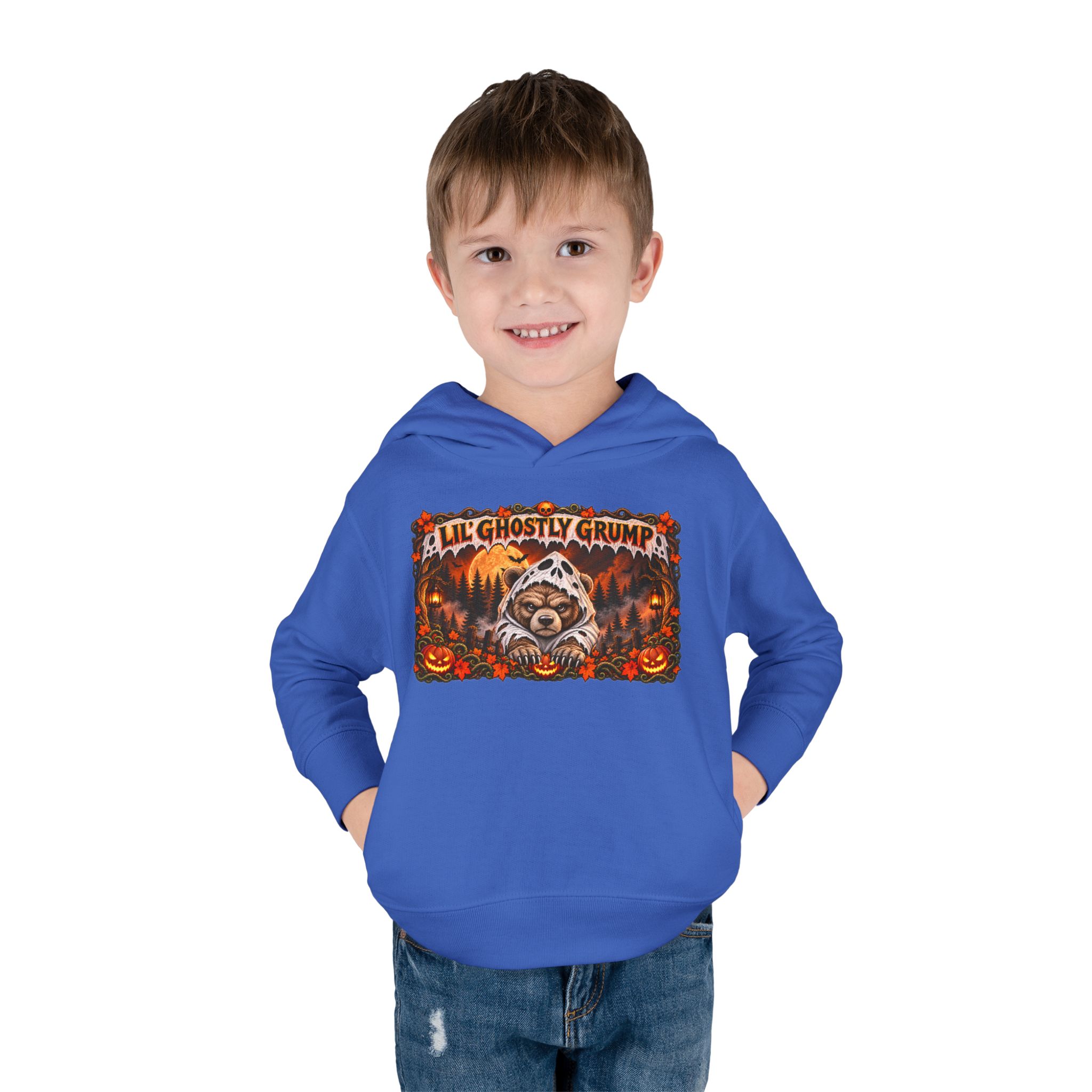 Lil’ Ghostly Grump Hoodie in Vintage Royal, worn, front view, second model