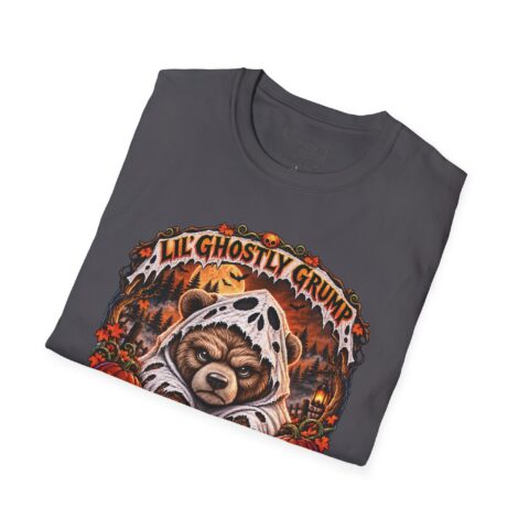 Lil’ Ghostly Grump Tee in Charcoal, folded close-up