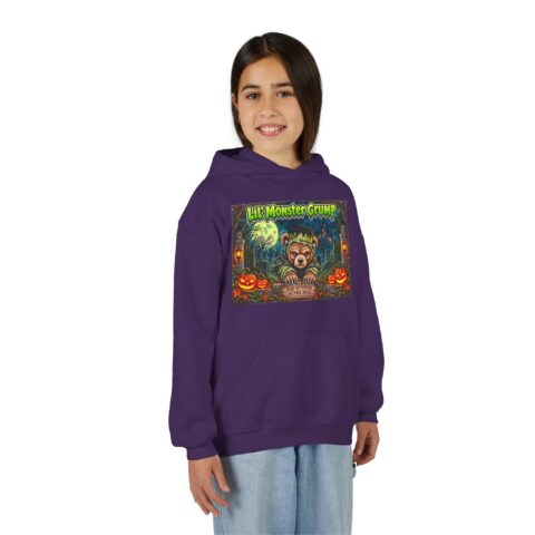 Lil’ Monster Grump Hoodie in Purple, worn, front view