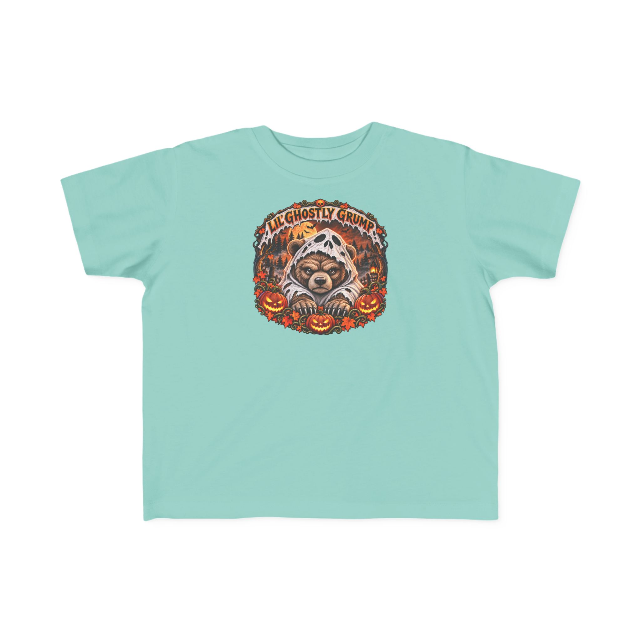 Lil’ Ghostly Grump Tee in Saltwater, laid flat
