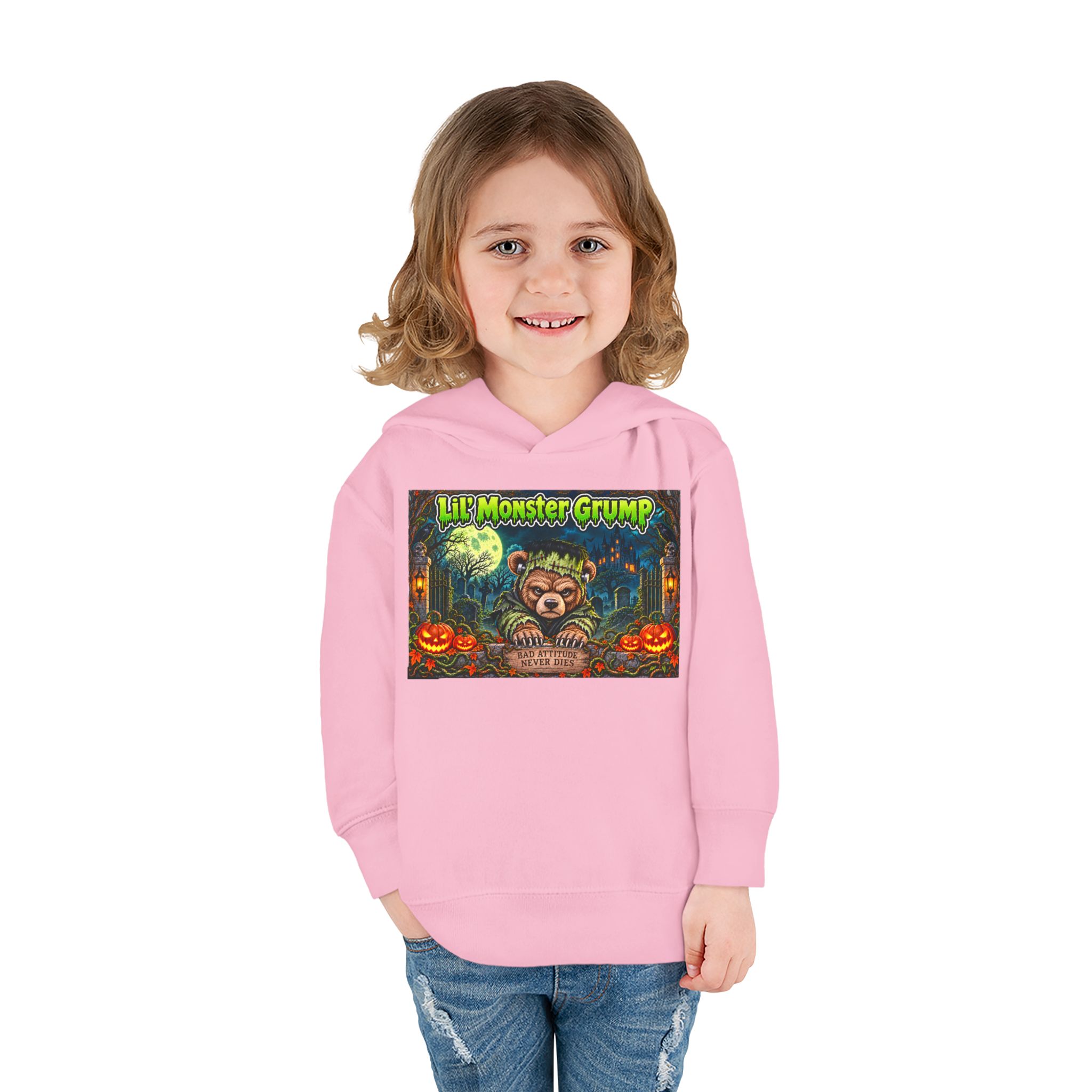 Lil’ Monster Grump Hoodie in Pink, worn, front view