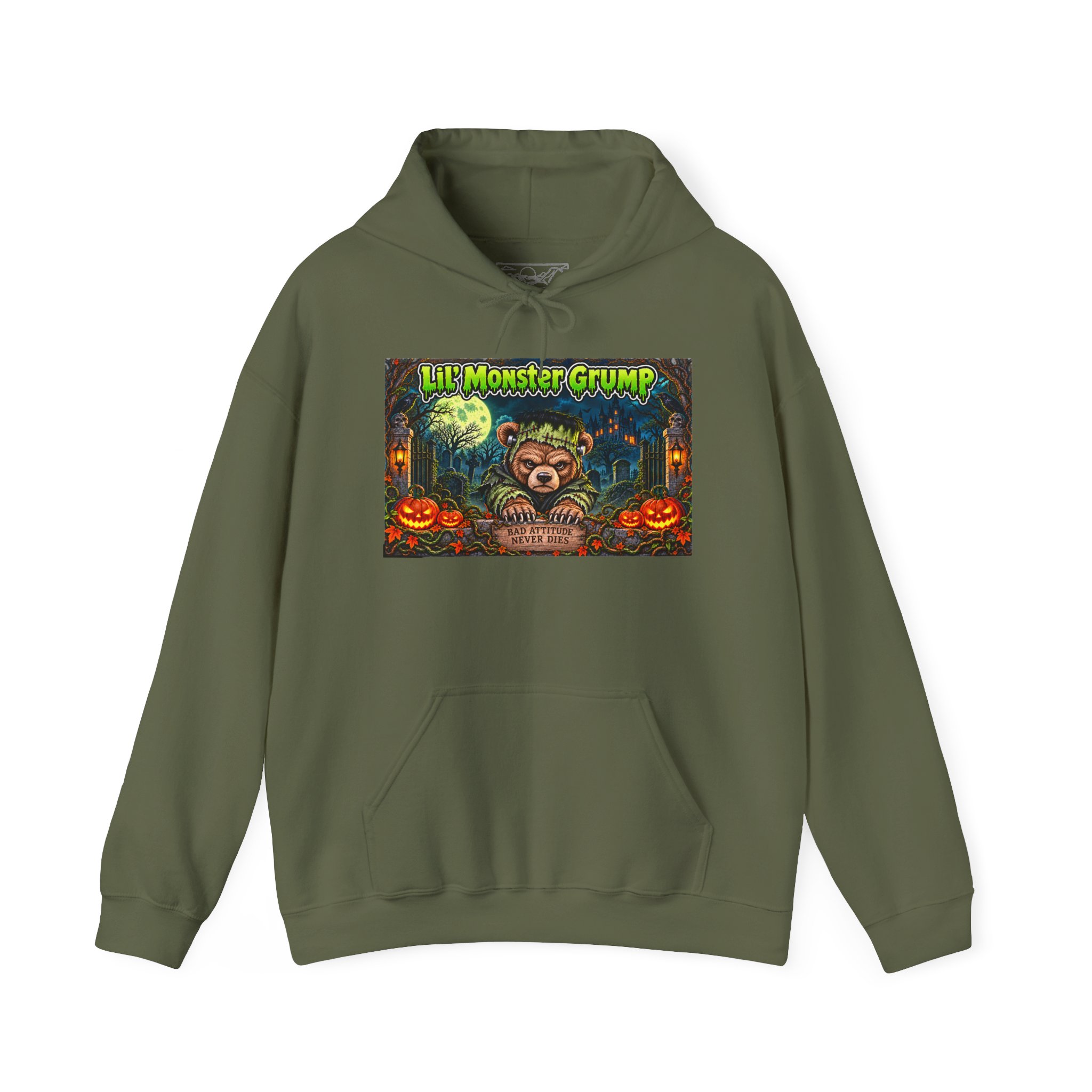Lil’ Monster Grump Hoodie in Military Green, laid flat