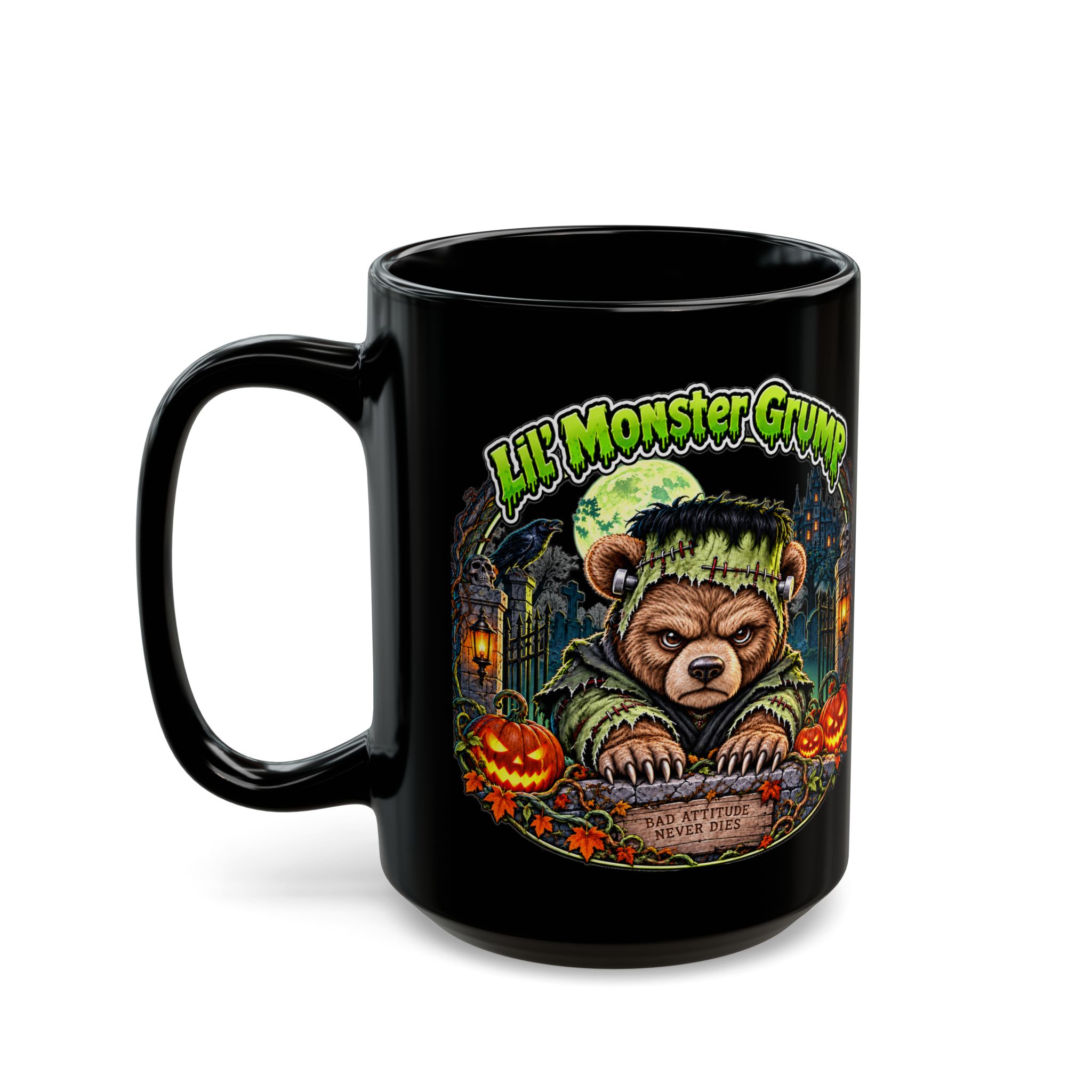 Lil' Monster Grump Mug in black, second print with the handle on the left