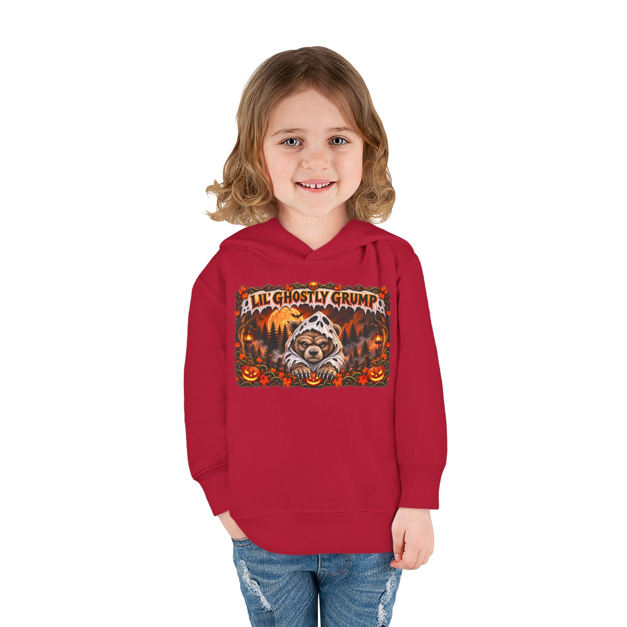 Lil’ Ghostly Grump Hoodie in Vintage Red, worn, front view, second model