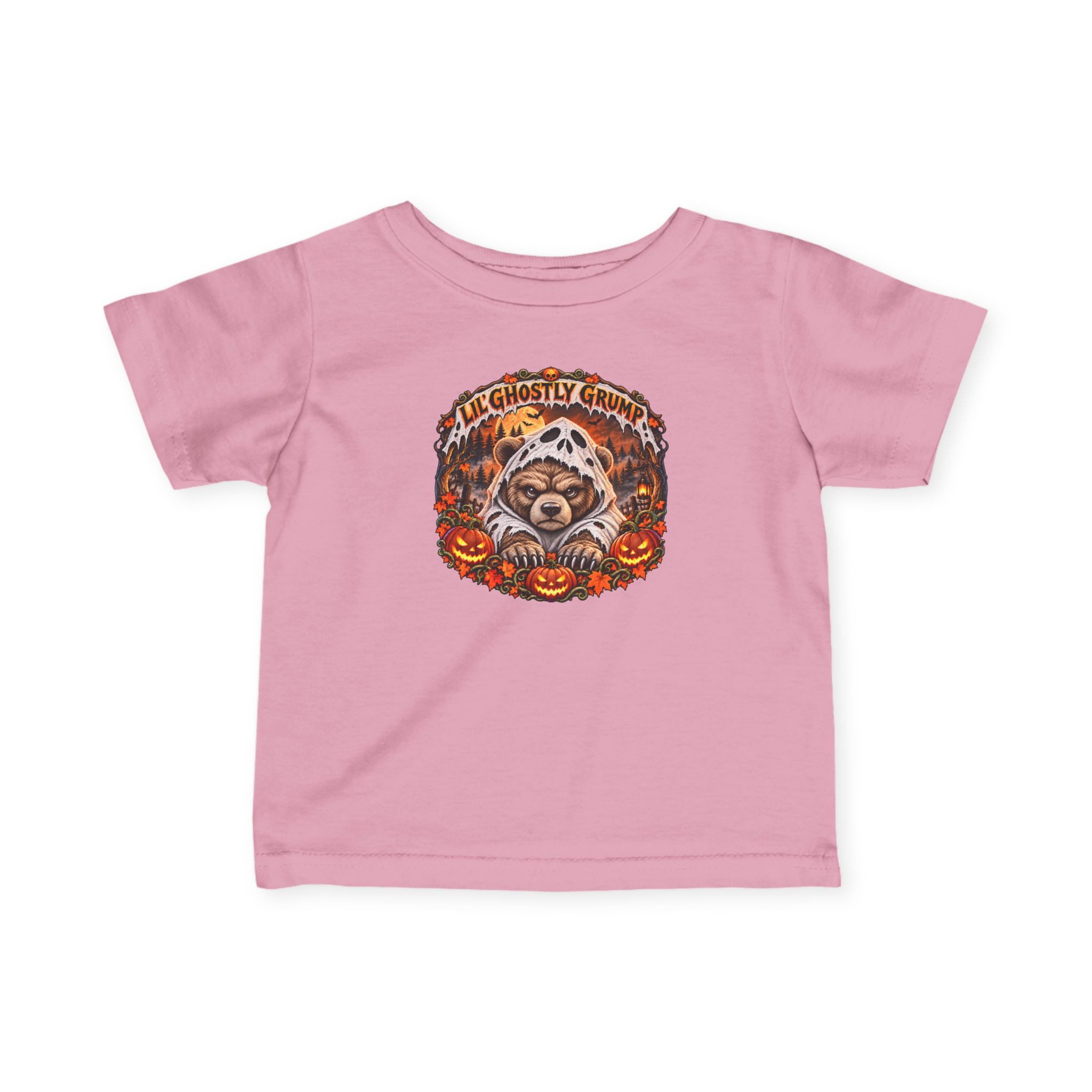 Lil’ Ghostly Grump Tee in Pink, laid flat