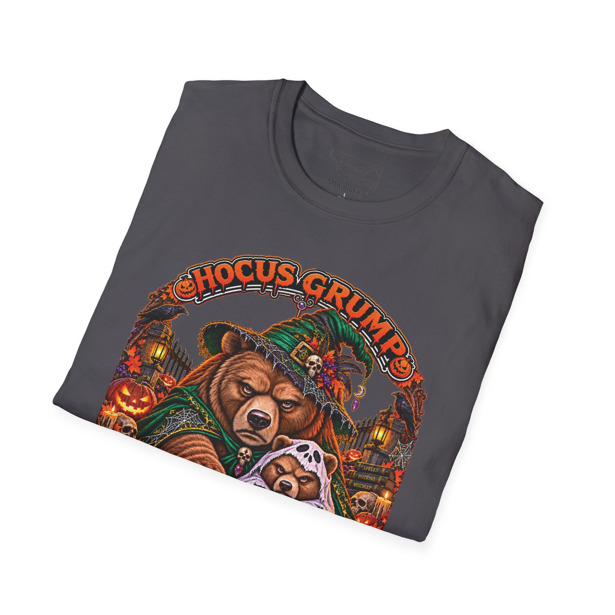 Hocus Grump Tee in Charcoal, folded close-up