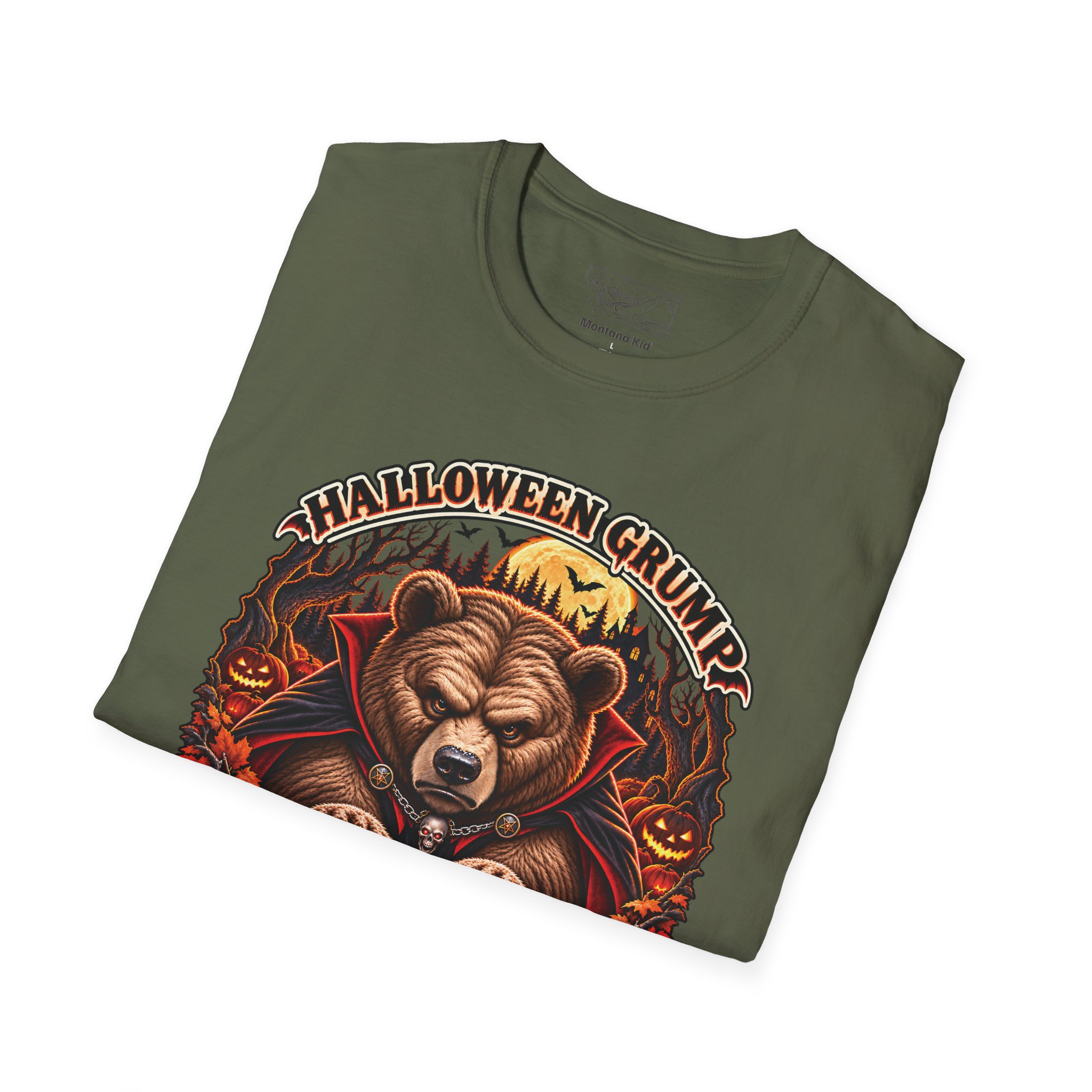 Halloween Grump Tee in Military Green, folded close-up