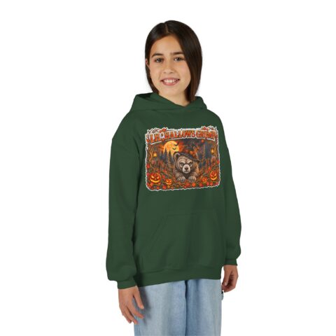 Lil’ Hallows Grump Hoodie in Forest Green, worn, front view