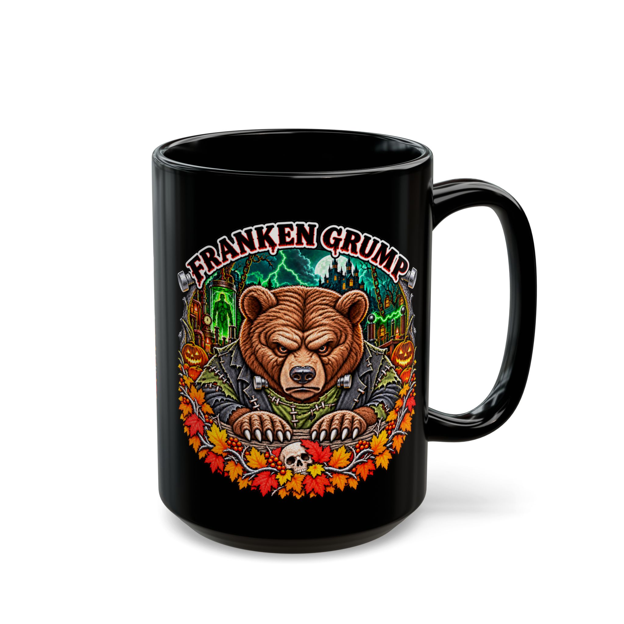 Franken Grump Mug, 15oz black ceramic, front with the handle on the right