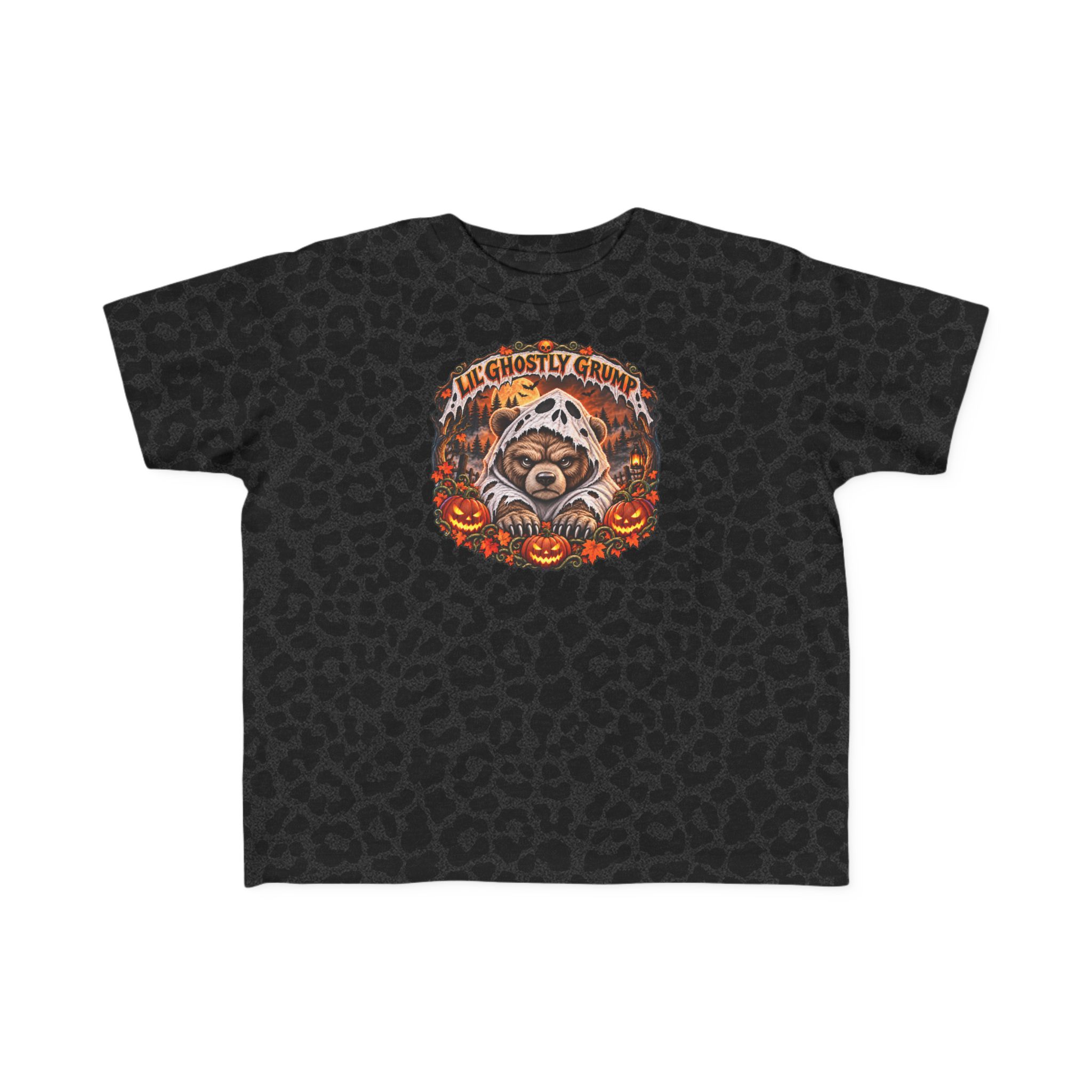 Lil’ Ghostly Grump Tee in Black Leopard, laid flat