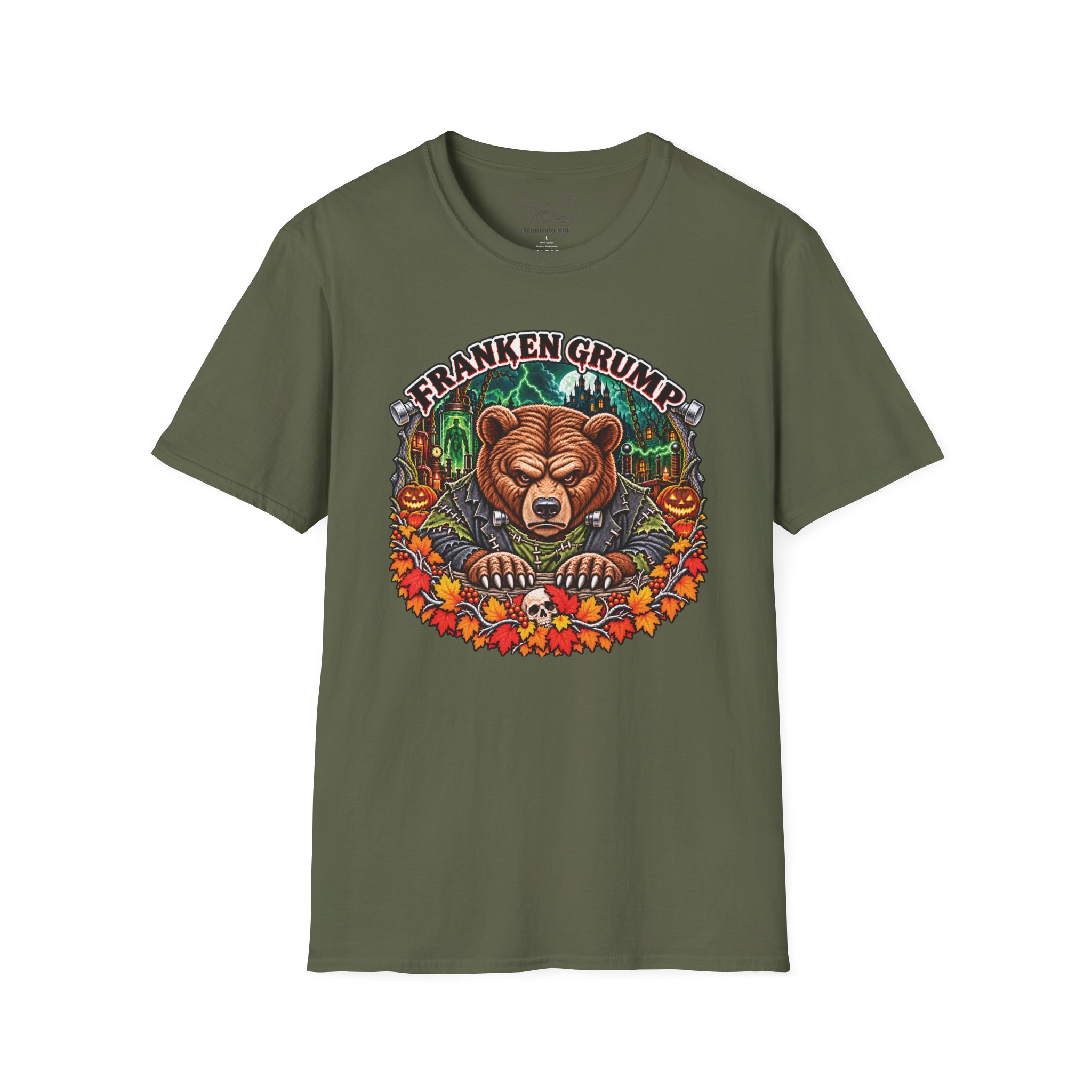Franken Grump Tee in Military Green, laid flat