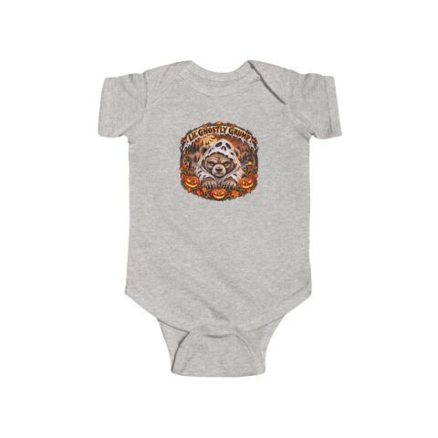 Lil’ Ghostly Grump Bodysuit in Ash, laid flat