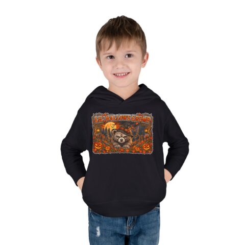 Lil’ Hallows Grump Hoodie in Black, worn, front view