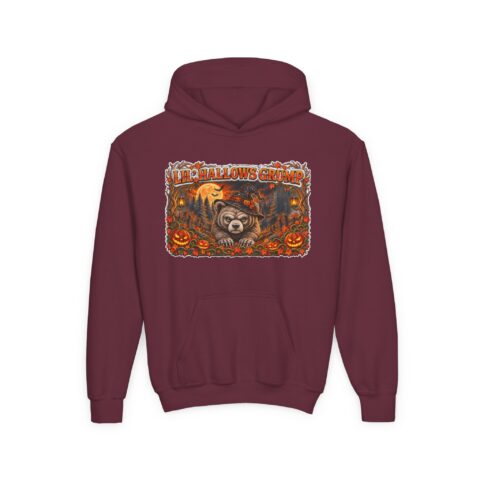 Lil’ Hallows Grump Hoodie in Maroon, laid flat