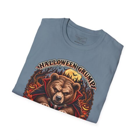 Halloween Grump Tee in Stone Blue, folded close-up