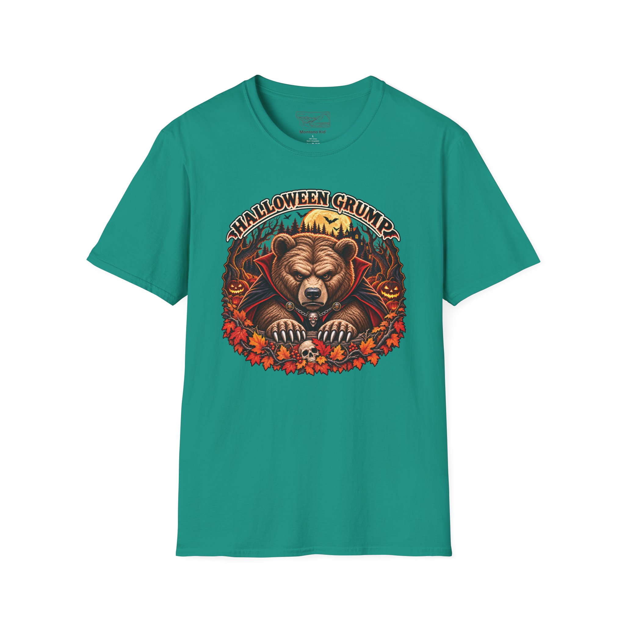 Halloween Grump Tee in Jade Dome, laid flat