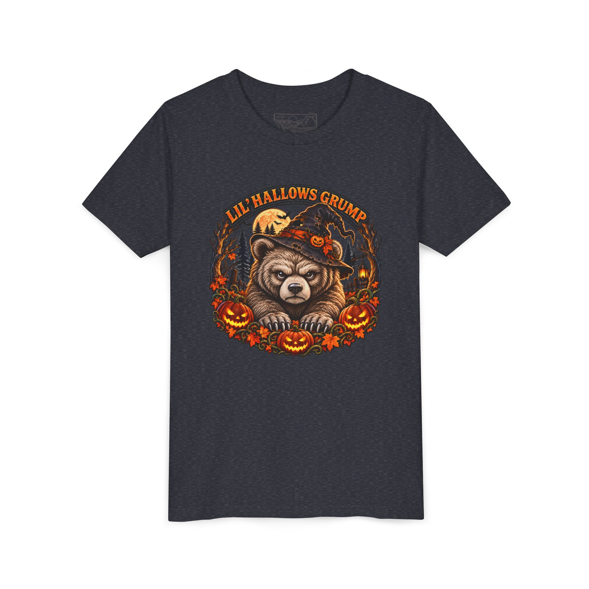 Lil’ Hallows Grump Tee in Heather Navy, laid flat