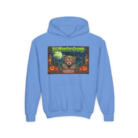Lil’ Monster Grump Hoodie in Carolina Blue, laid flat