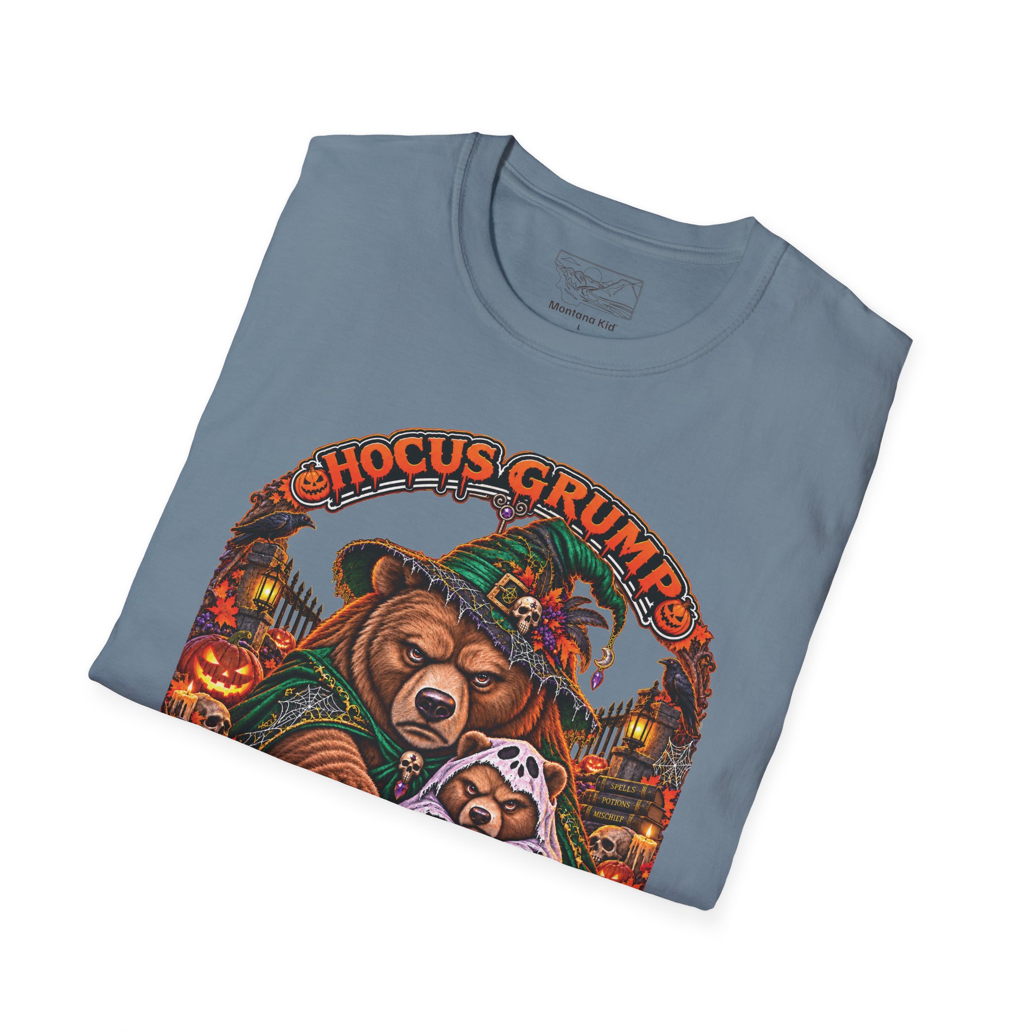 Hocus Grump Tee in Stone Blue, folded close-up