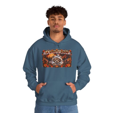 Lil’ Ghostly Grump Hoodie in Indigo Blue, worn, front view