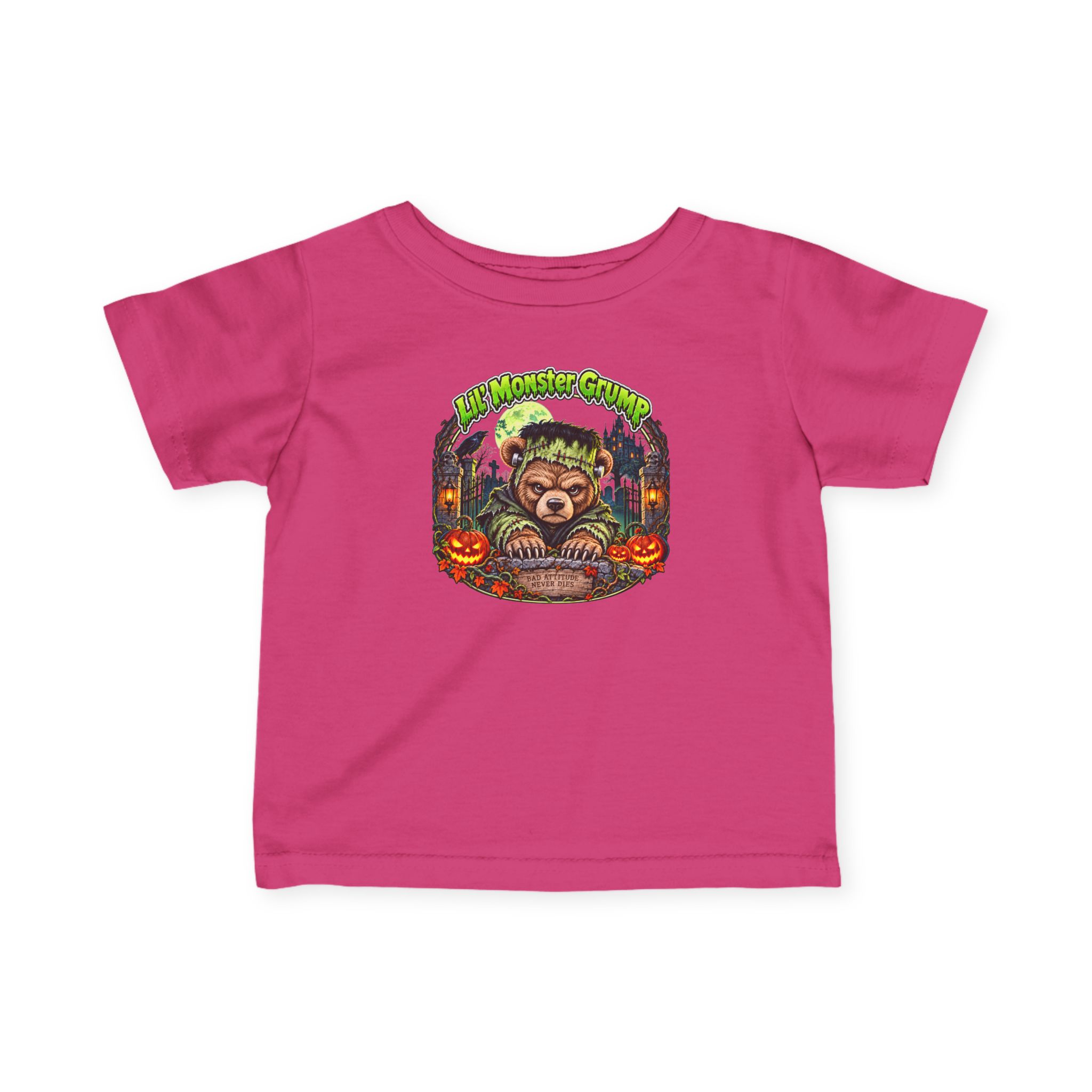Lil' Monster Grump Tee in Hot Pink, laid flat