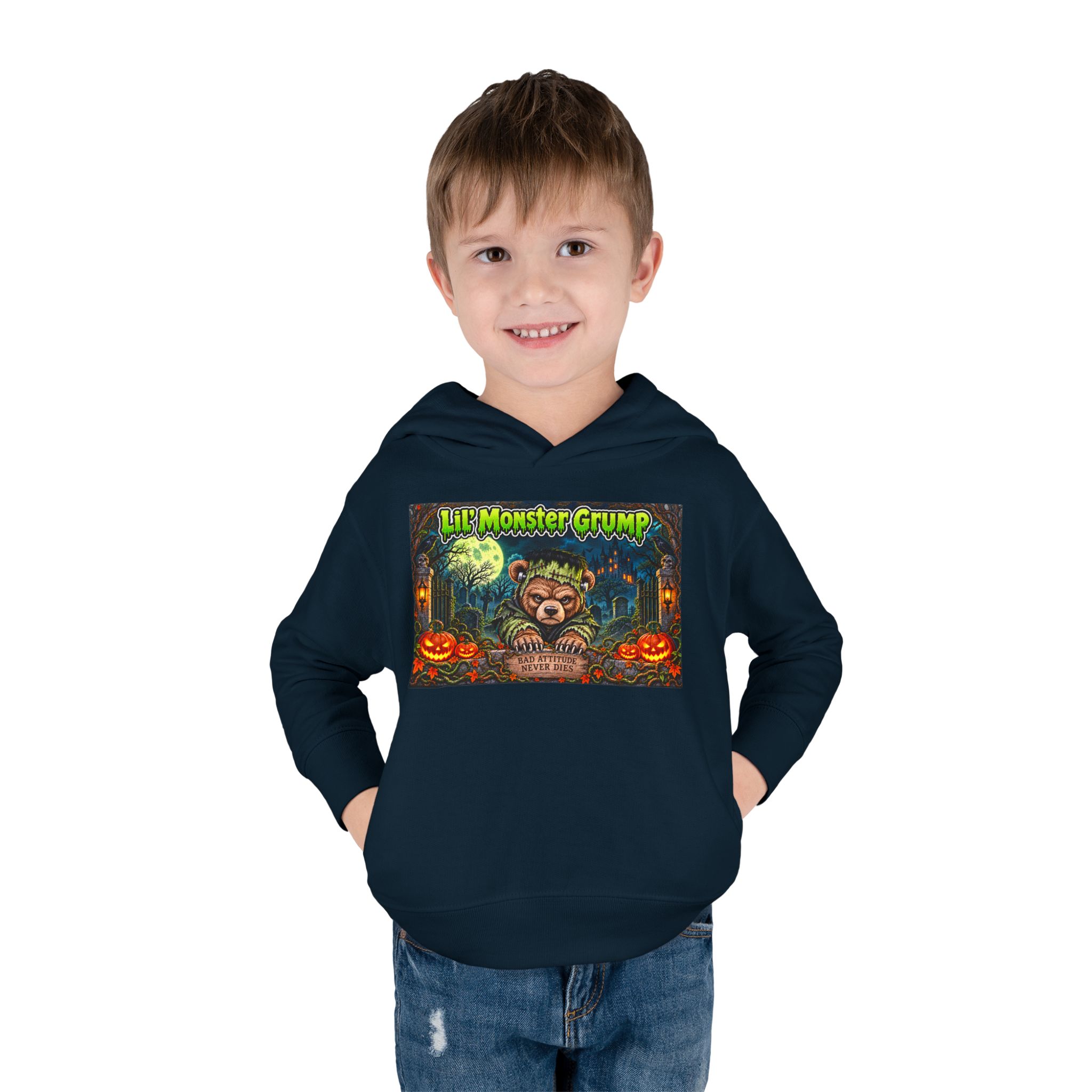 Lil’ Monster Grump Hoodie in Navy, worn, front view, second model