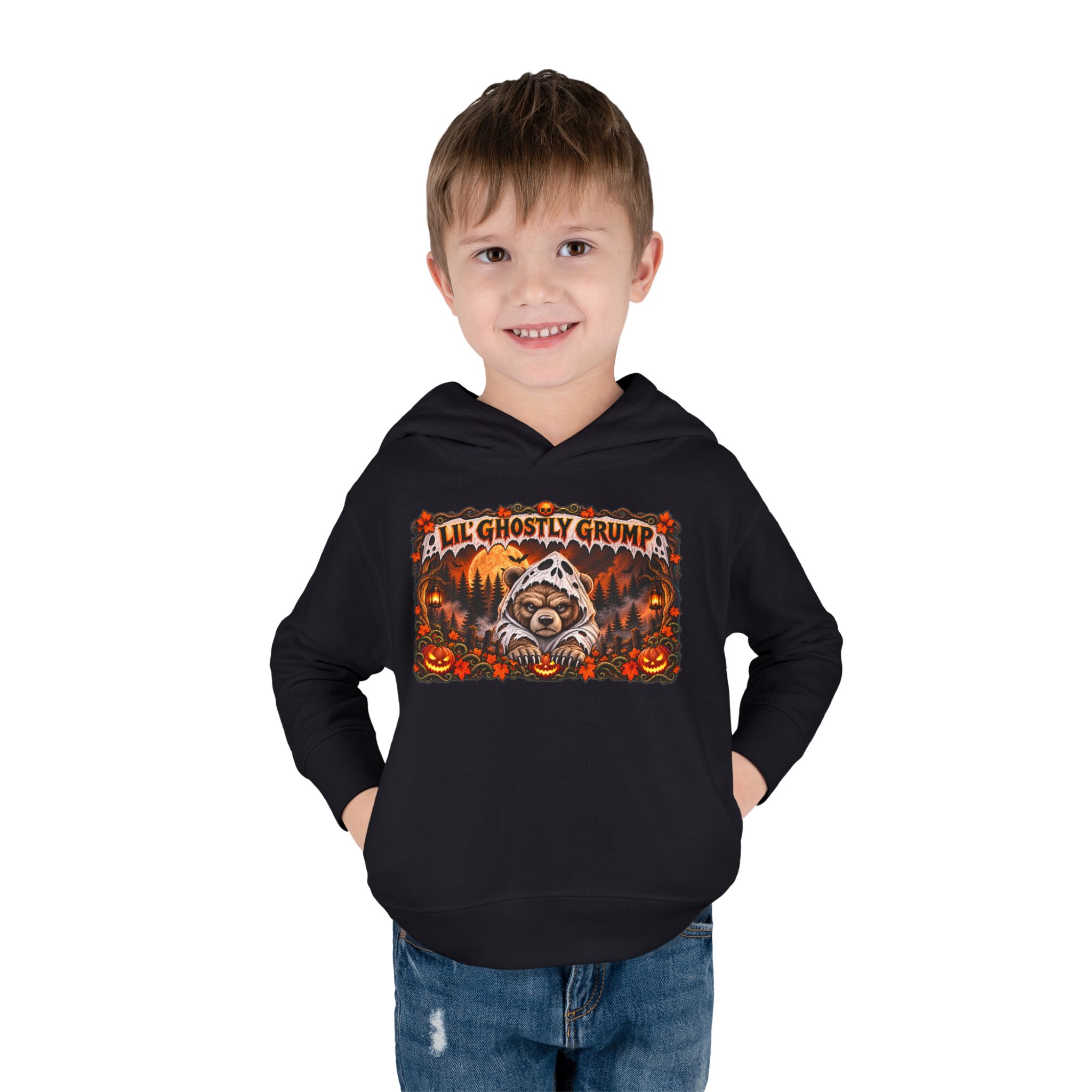 Lil’ Ghostly Grump Hoodie in Black, worn, front view