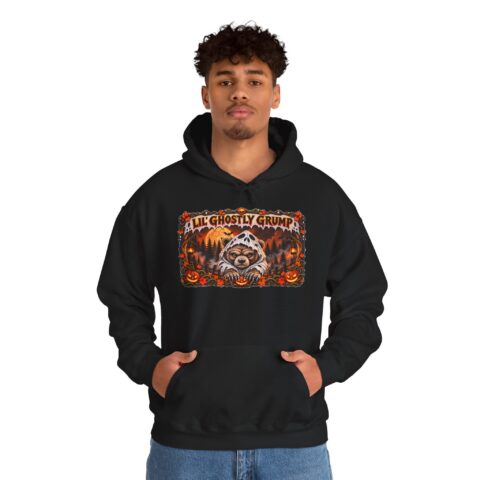 Lil’ Ghostly Grump Hoodie in Black, worn, front view