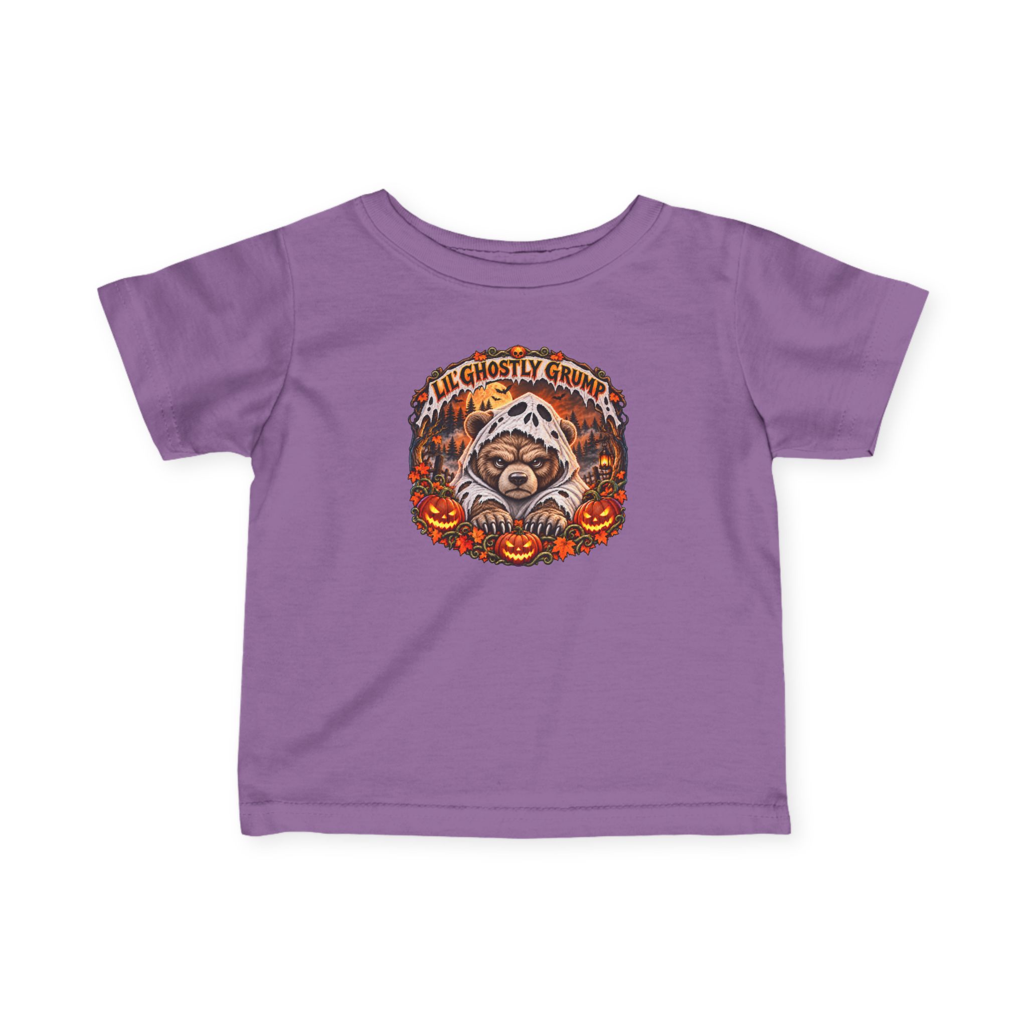 Lil’ Ghostly Grump Tee in Lavender, laid flat