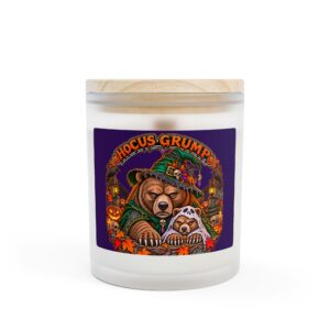 Hocus Grump Candle, 11oz frosted glass jar with wooden lid, front