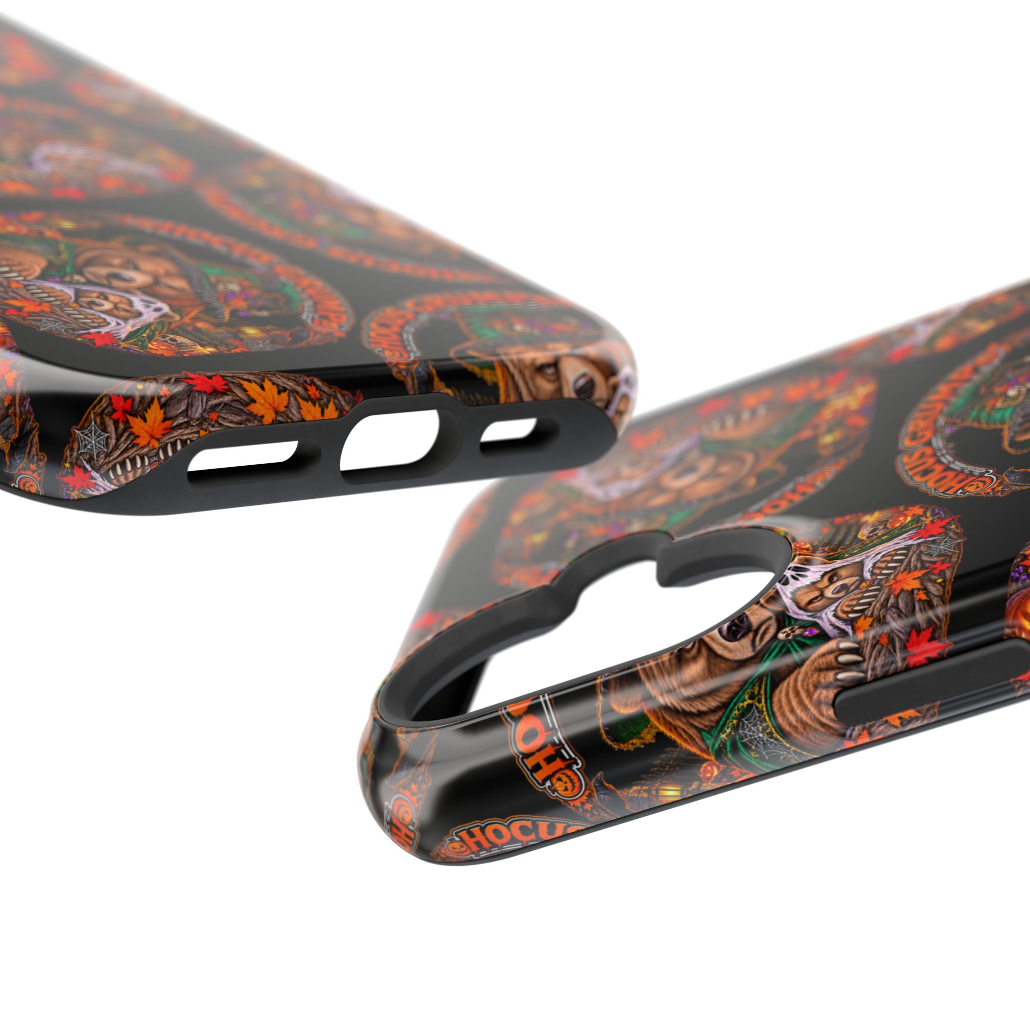 Hocus Grump Mag Phone Case, close-up of the raised edges and button cutouts