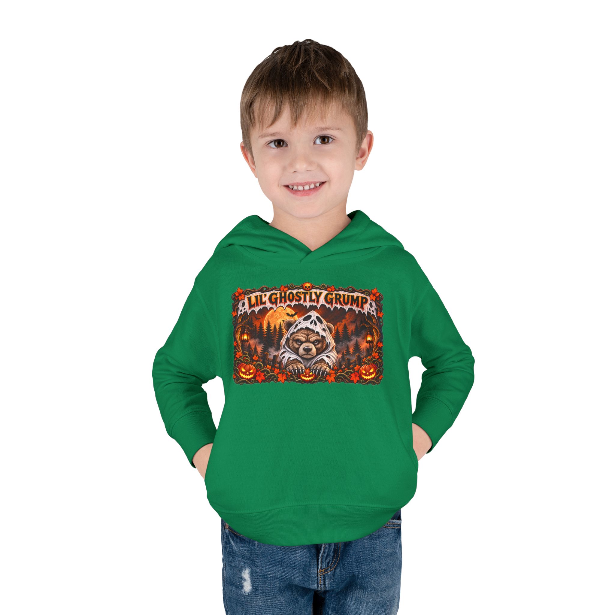 Lil’ Ghostly Grump Hoodie in Kelly, worn, front view