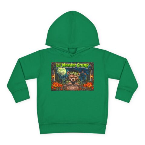 Lil’ Monster Grump Hoodie in Kelly, laid flat