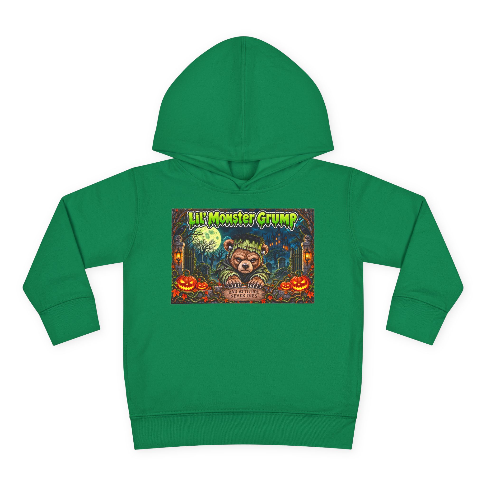Lil’ Monster Grump Hoodie in Kelly, laid flat