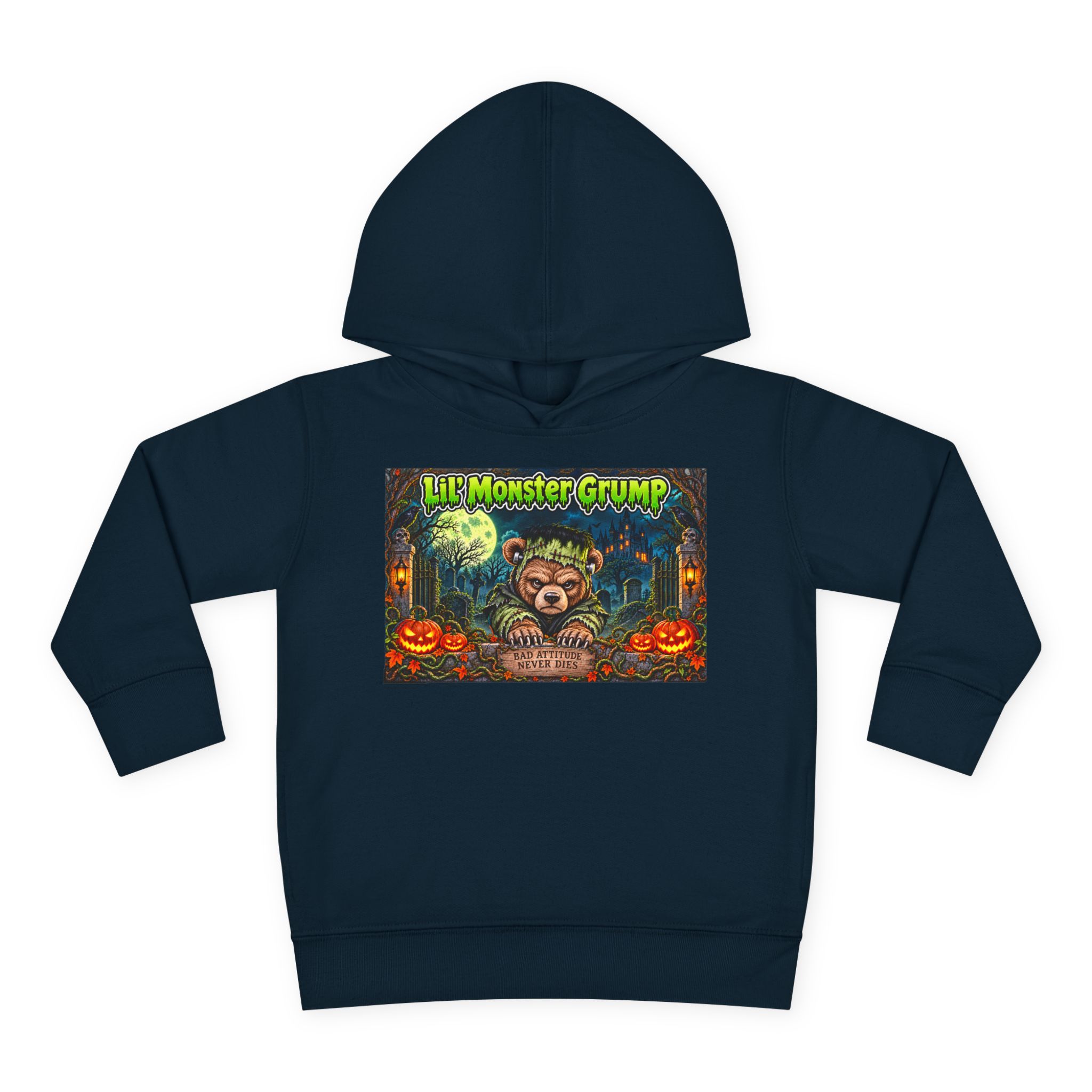 Lil’ Monster Grump Hoodie in Navy, laid flat