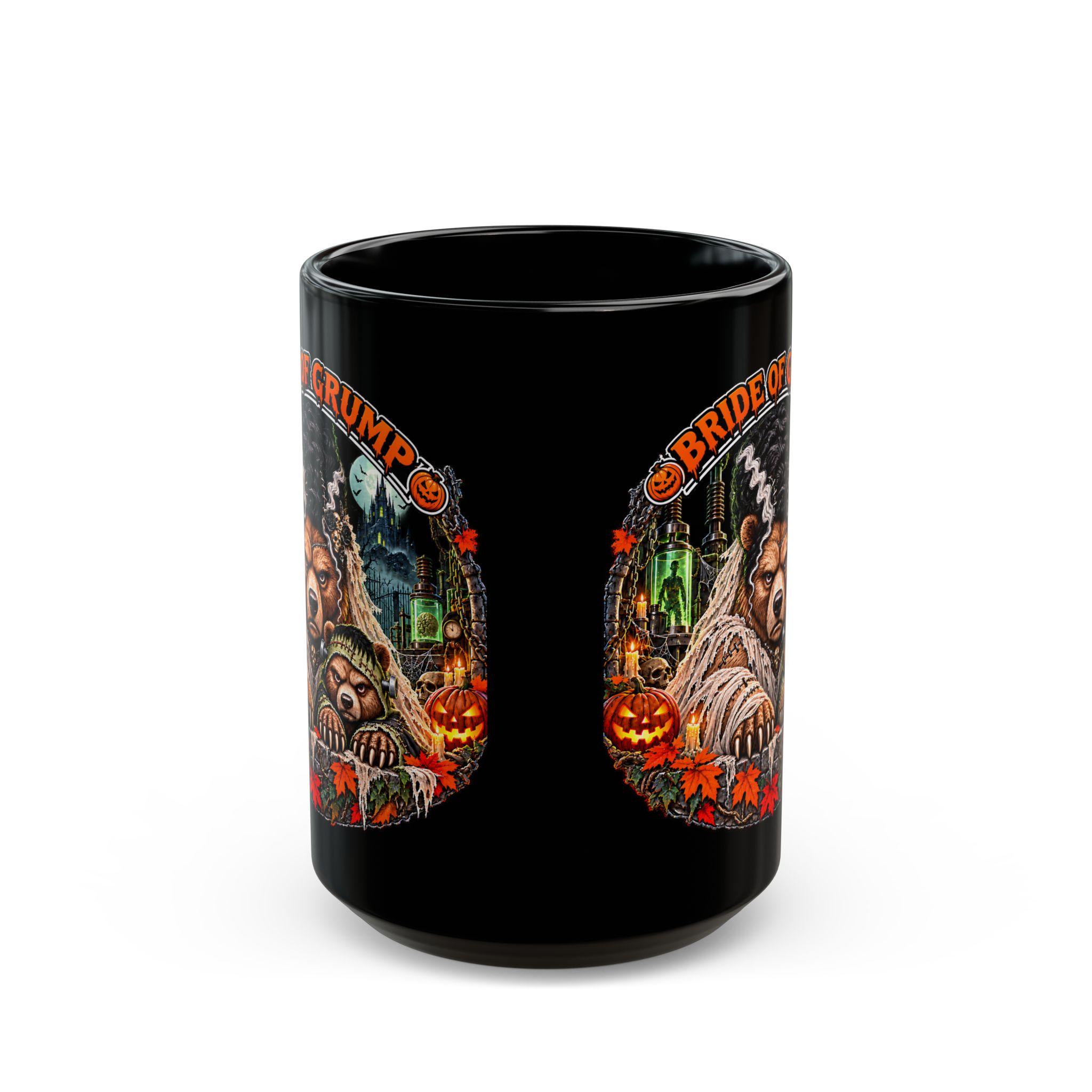 Bride of Grump Mug in black, handle at the back, design printed on both sides