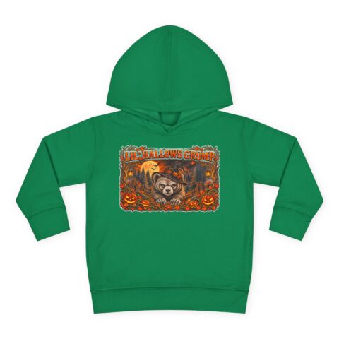 Lil’ Hallows Grump Hoodie in Kelly, laid flat