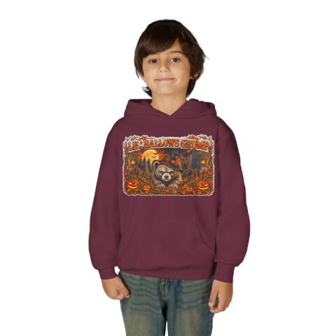 Lil’ Hallows Grump Hoodie in Maroon, worn, front view