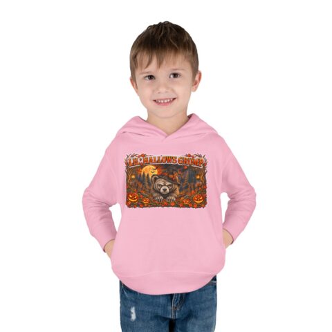 Lil’ Hallows Grump Hoodie in Pink, worn, front view, second model