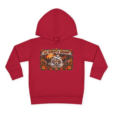 Lil’ Ghostly Grump Hoodie in Vintage Red, laid flat
