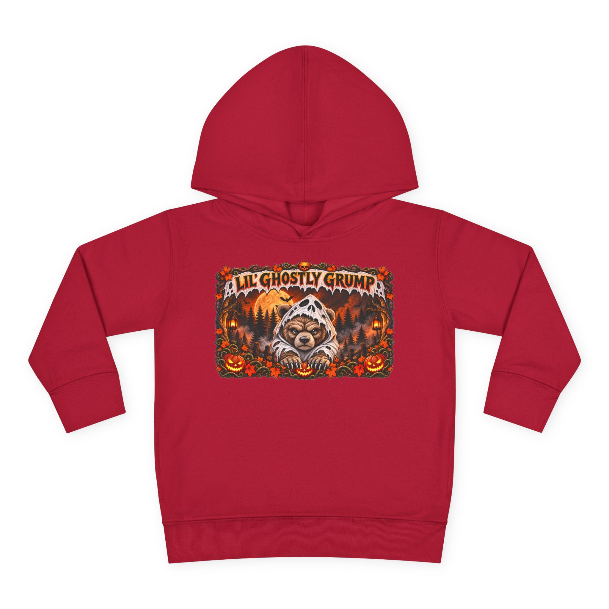 Lil’ Ghostly Grump Hoodie in Vintage Red, laid flat