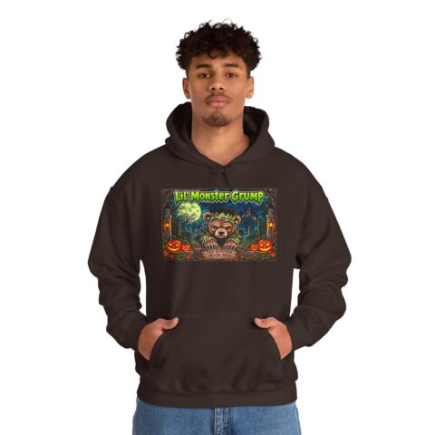 Lil’ Monster Grump Hoodie in Dark Chocolate, worn, front view