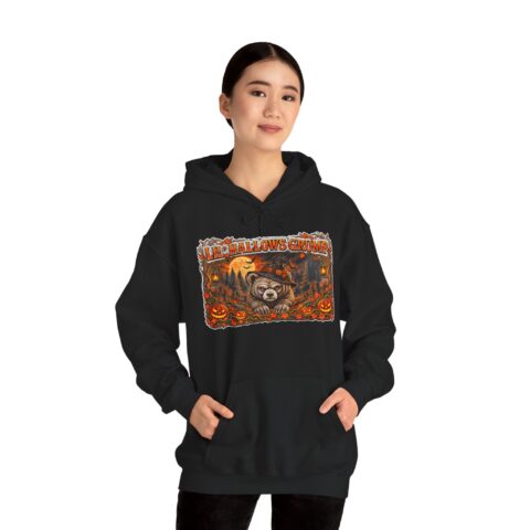 Lil’ Hallows Grump Hoodie in Black, worn, front view, second model