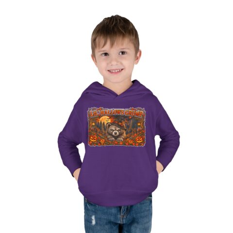 Lil’ Hallows Grump Hoodie in Purple, worn, front view